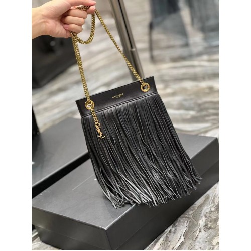SAINT LAURENT KLEINE KETTETASCHE AUS GLATTEM LEDER MIT FRANSEN 683378 SCHWARZ