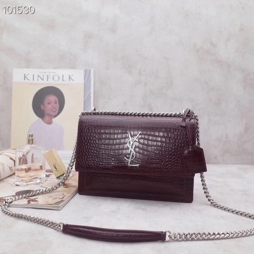SAINT LAURENT Sunset Schultertasche aus Leder mit Krokoprägung 442906 Burgund