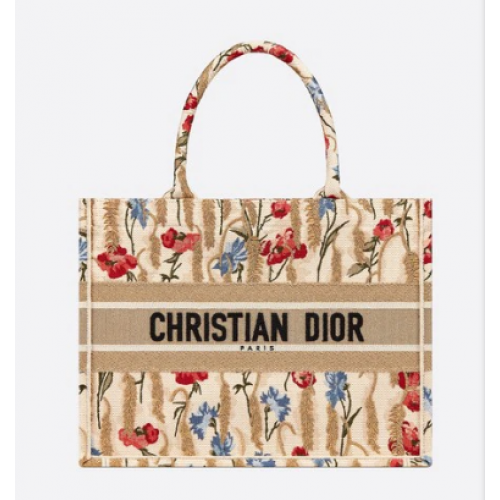 KLEINE DIOR BOOK TOTE Beige Multicolor Dior Hibiskus Metallic-Fadenstickerei M1296