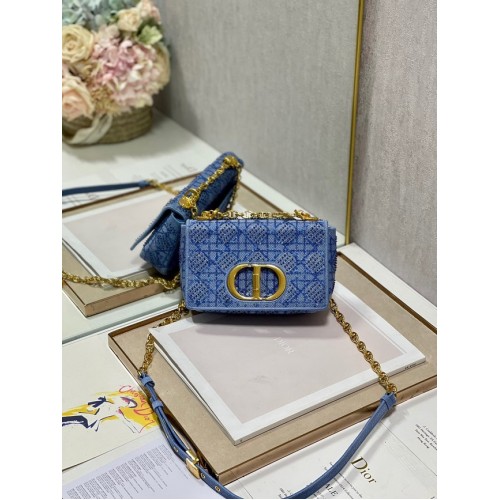 KLEINE DIOR CARO-TASCHE Macrocannage-Tweed-Stickerei M9241 BLAU