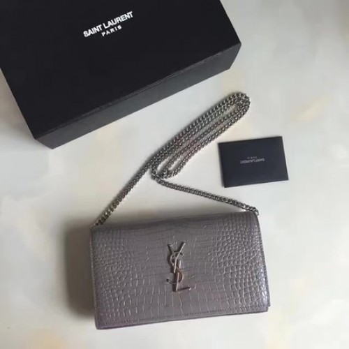 Saint Laurent Mini Croco Leder Umhängetasche 360458 Grau