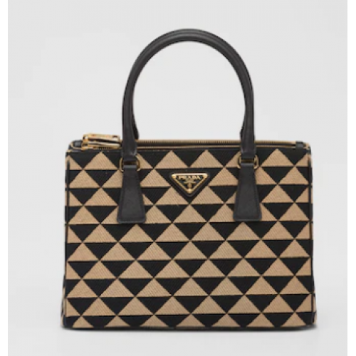 Kleine Prada Galleria Tasche aus Jacquard-Stoff 1BA863 Schwarz&Beige