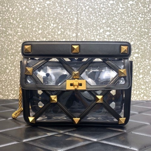 VALENTINO GARAVANI Roman Stud Schultertasche aus weichem Schafsleder mit Kette WW2B0I60B schwarz