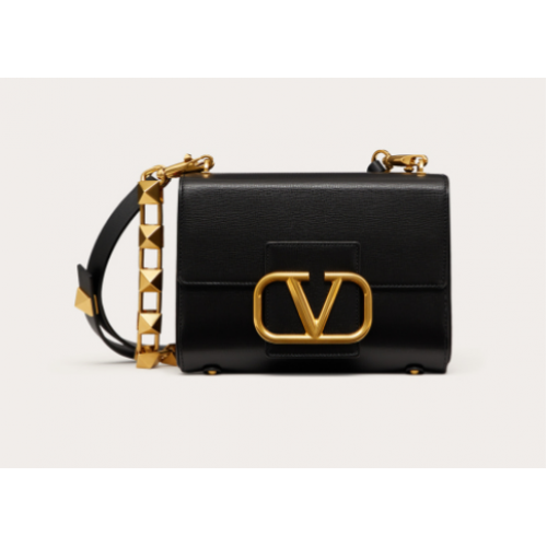 VALENTINO GARAVANI Stud Sign Schultertasche aus genarbtem Kalbsleder V0196 schwarz