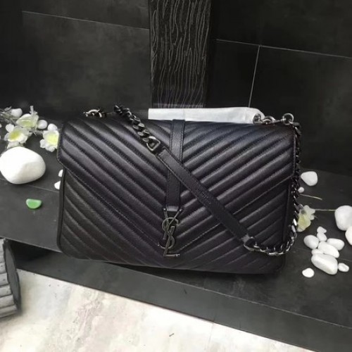 YSL Klassische Monogramm-Überschlagtasche aus schwarzem Leder Y392738 Silber
