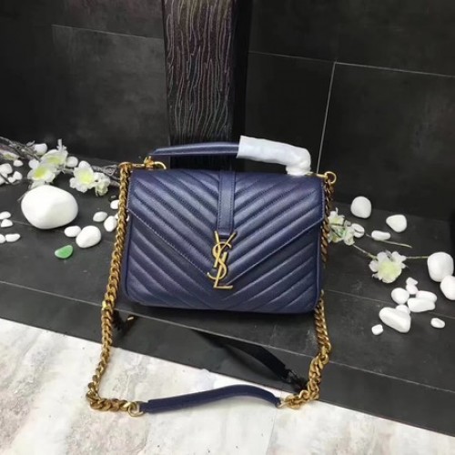 YSL Classic Monogram Blue Leather Flap Bag Y392737 Gold