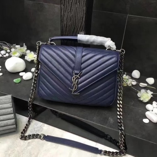 YSL Classic Monogram Blue Leather Flap Bag Y392737 Silber