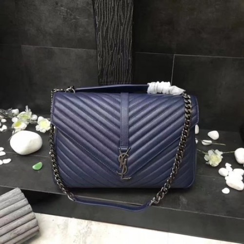 YSL Classic Monogram Blue Leather Flap Bag Y392738 Silber