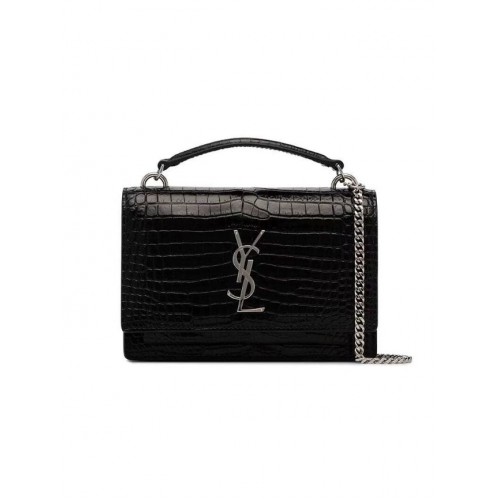 Yves Saint Laurent Schultertasche aus Kalbsleder Y533036A schwarz-silberfarbenes Metall