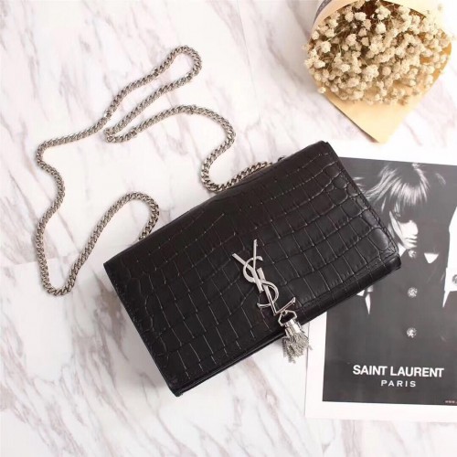Yves Saint Laurent Crossbody-Umhängetasche aus Krokoleder 131224 Schwarz