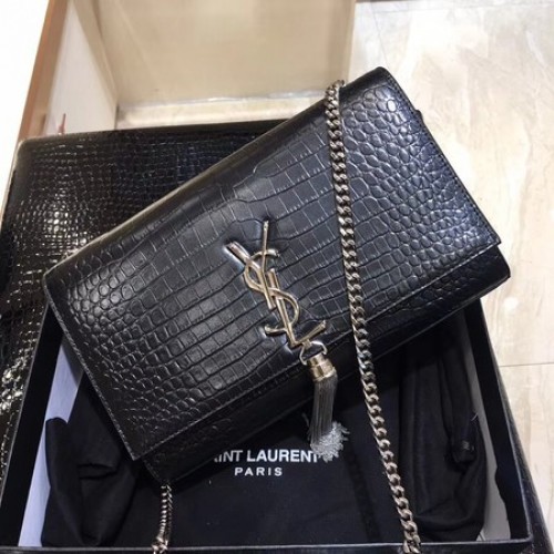 Yves Saint Laurent Krokodilleder Umhängetasche 1456 Schwarz&Silber
