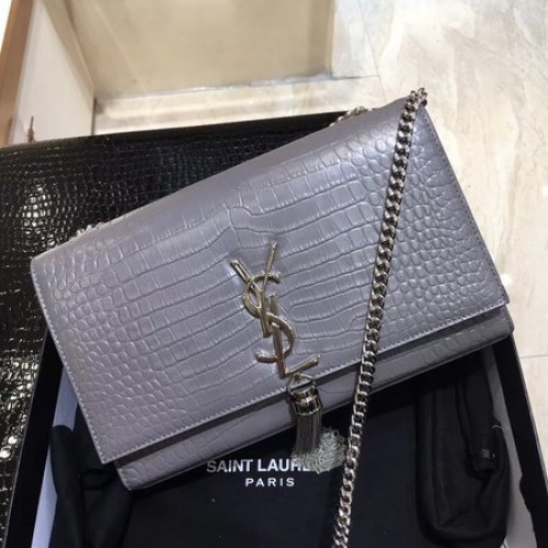 Yves Saint Laurent Krokodilleder Umhängetasche 1456 Grau&Silber