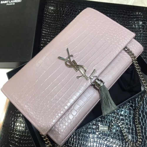 Yves Saint Laurent Krokodilleder Umhängetasche 1456 Pink&Silber