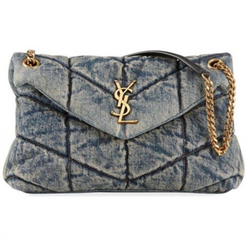 Yves Saint Laurent KLEINE PUFFER-TASCHE AUS GESTEPPTEM VINTAGE-DENIM UND WILDLEDER Y577476 Blau
