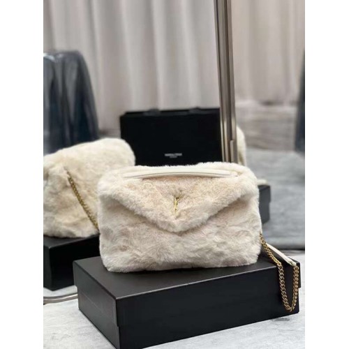 Yves Saint Laurent PUFFER BAG AUS MERINO SHEARLING UND LAMMLEDER Y597476 weiß