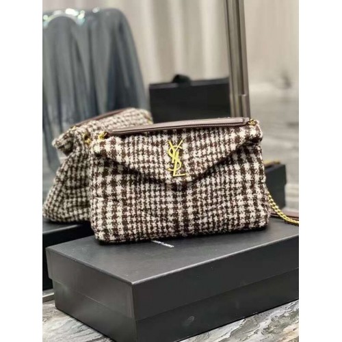 Yves Saint Laurent KLEINE PUFFER-TASCHE AUS KARIERTEM TWEED UND LAMMLEDER Y597476 BEIGE