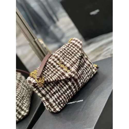 Yves Saint Laurent KLEINE PUFFER-TASCHE AUS KARIERTEM TWEED UND LAMMLEDER Y597477 BEIGE