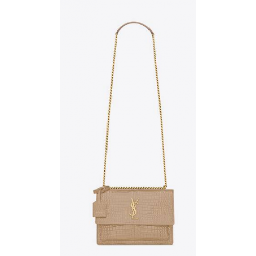 Yves Saint Laurent SUNSET MITTLERE KETTENTASCHE AUS GLÄNZENDEM LEDER MIT KROKODILPRÄGUNG 442906 DUNKLES BEIGE