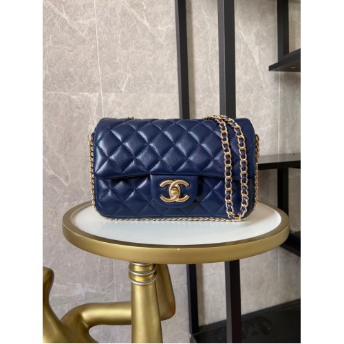 Chanel klassische Handtasche Lammleder & Imitationsperlen Gold Metall AS1740 blau