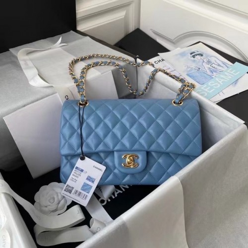 Chanel klassische Handtasche Lammleder gold Metall A01112 blau
