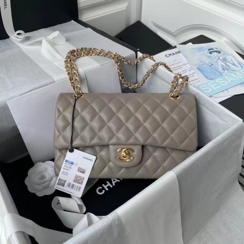 Chanel klassische Handtasche Lammleder gold Metall A01112 grau