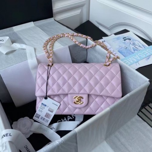Chanel klassische Handtasche Lammleder gold Metall A01112 rosa