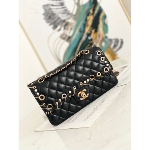 Chanel klassische Handtasche Lammgold Metall AS1112 schwarz
