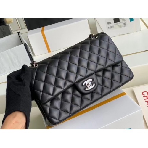 Chanel klassische Handtasche Lammleder Silber Metall A01112 Schwarz