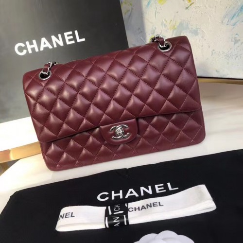 Chanel klassische Handtasche Lammleder Silber Metall A01112 Burgund