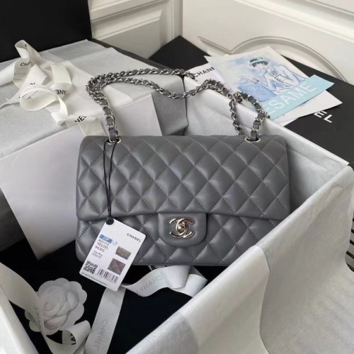 Chanel klassische Handtasche Lammleder silber Metall A01112 dunkelgrau