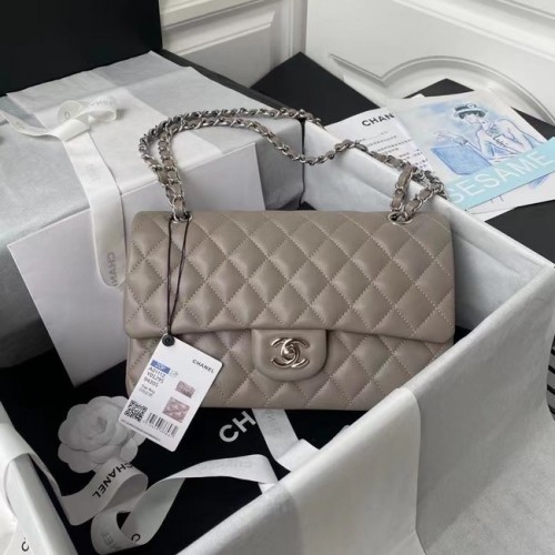 Chanel klassische Handtasche Lammleder silber Metall A01112 grau