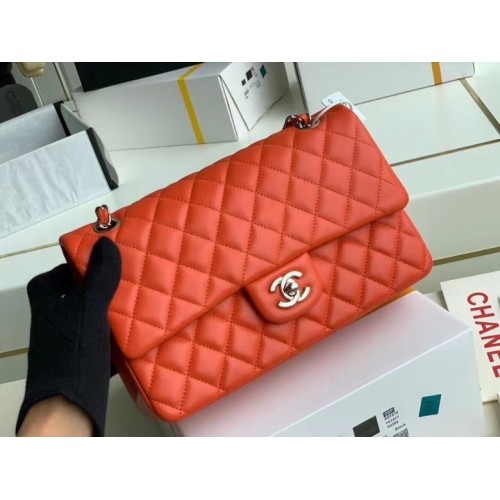 Chanel klassische Handtasche Lammleder silber Metall A01112 rot