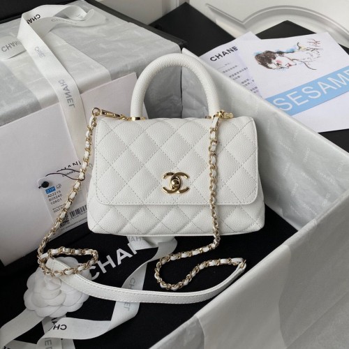 Chanel Mini-Überschlagtasche original Kaviarleder mit Top-Griff weiß AS2215 goldfarben